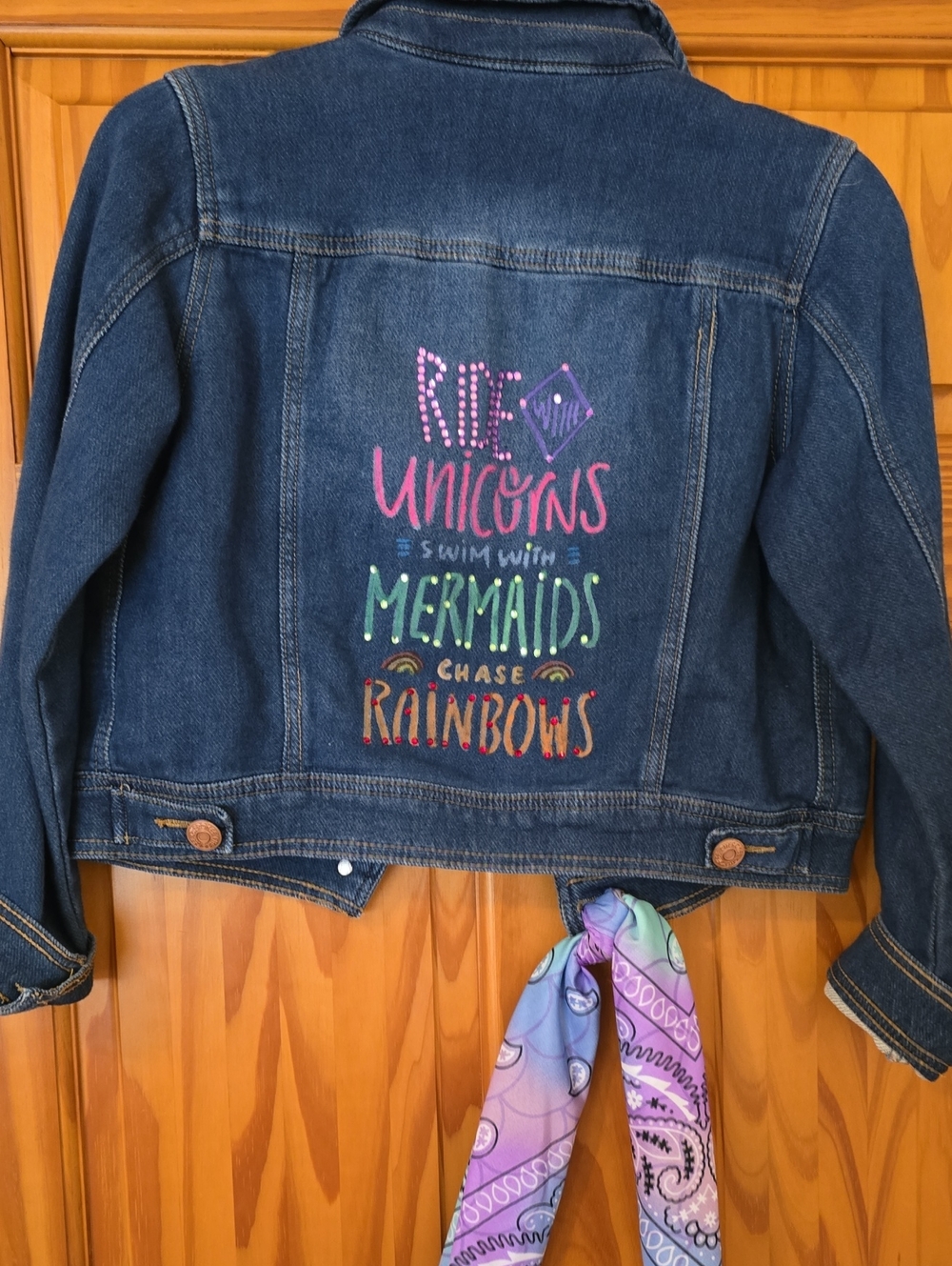 Girls' Reimigianed Size 10/12Denim Jacket with Colorful Unicorn & Mermaid Slogan